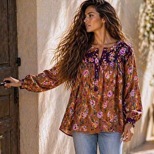 NWT LOFT Satin Boho Floral Print Peasant Top L Gold Romantic Cottagecore